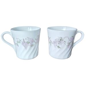 vintage Corelle mugs featuring the discontinued Wisteria pattern.